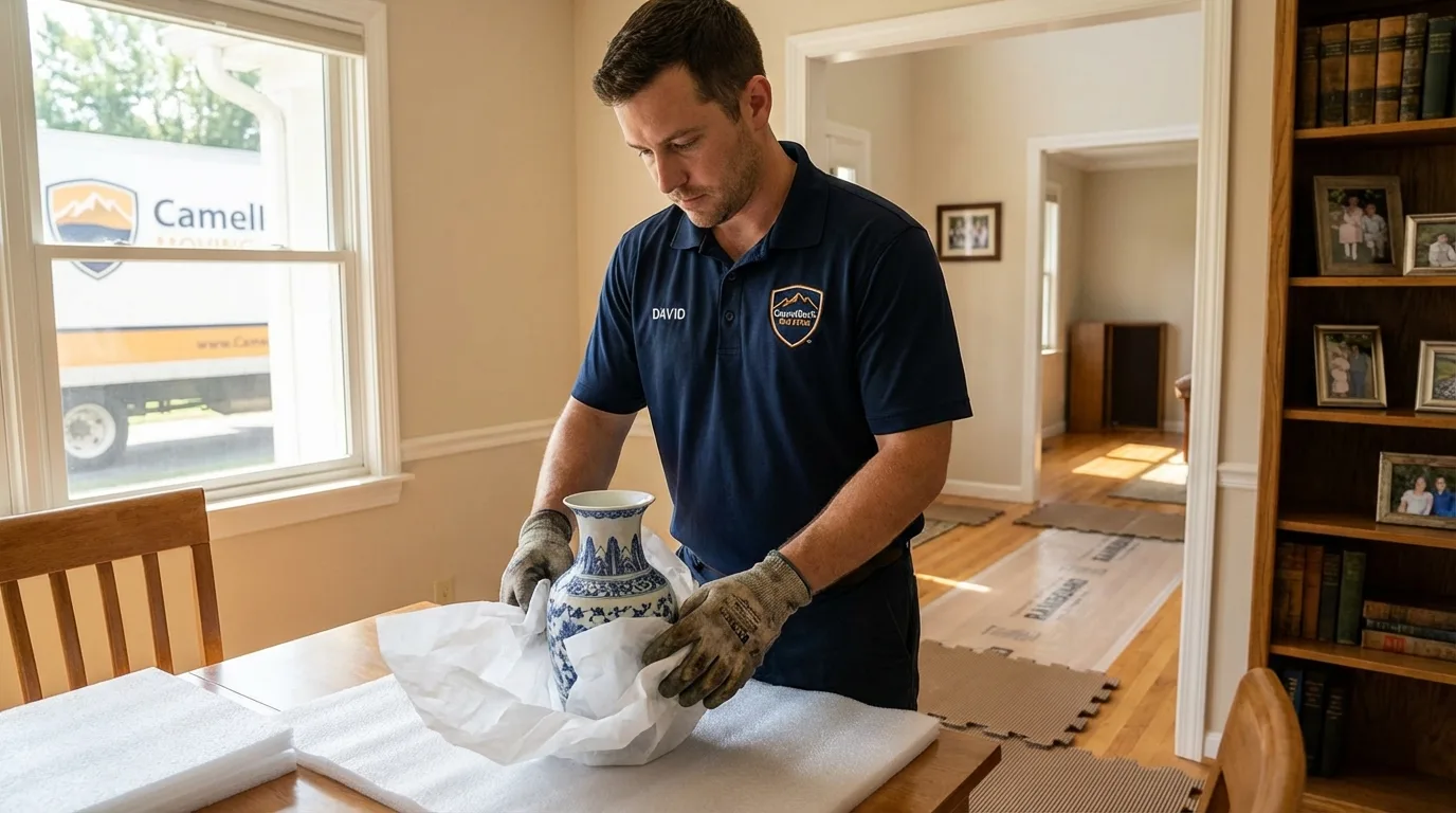 Professional crew carefully wrapping antique vase for senior downsizing move in Barbourville, KY